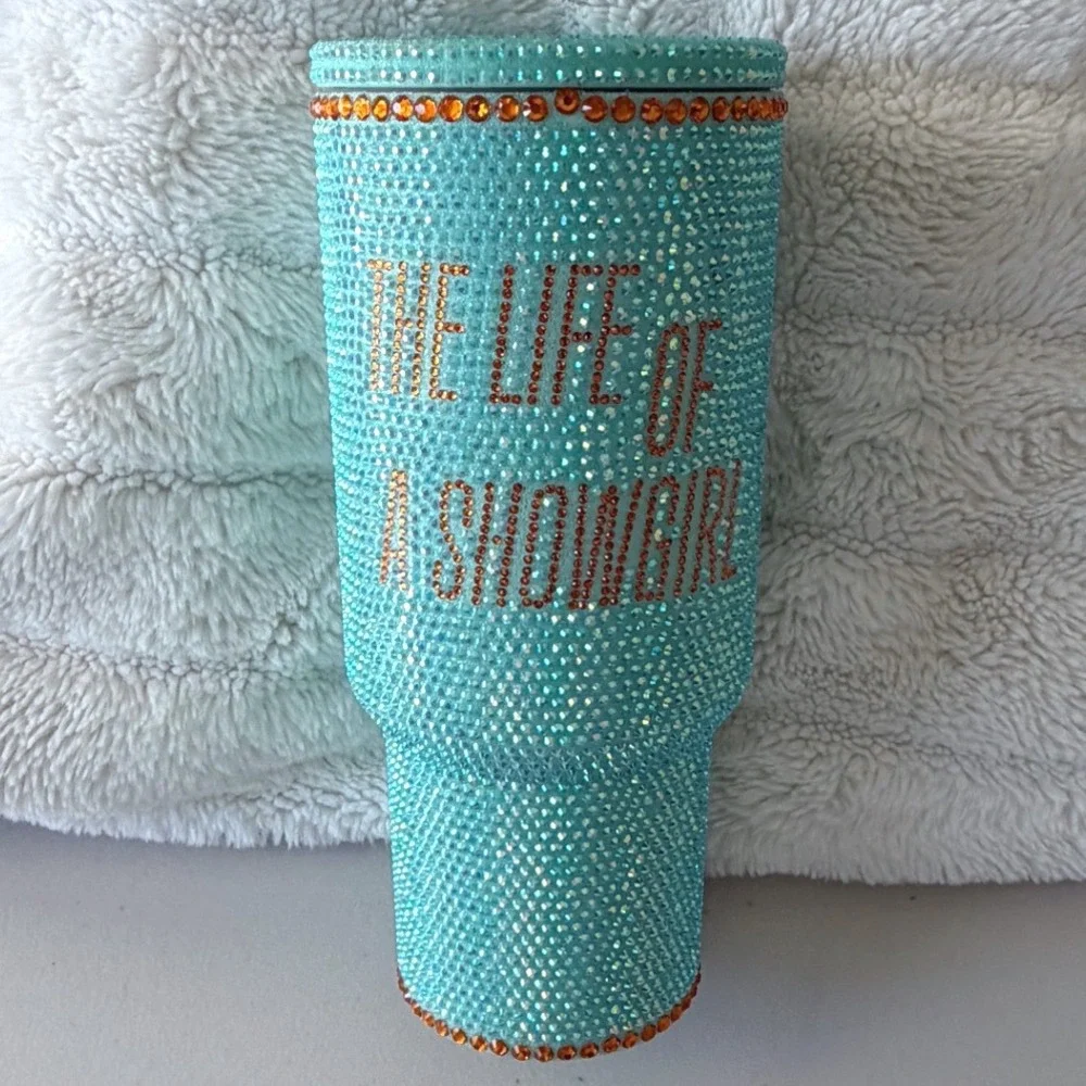 Taylor Swift The Life of a Showgirl Rhinestone Tumbler Teal Orange Merch NEW